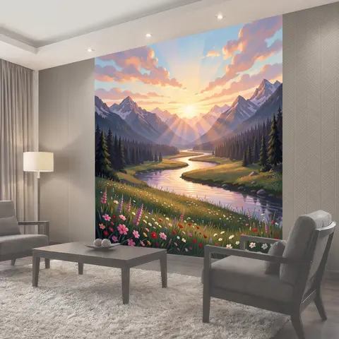 Фотообои Горная долина с рекой и рассветом