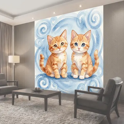 Фотообои Два рыжих котёнка на фоне завитков