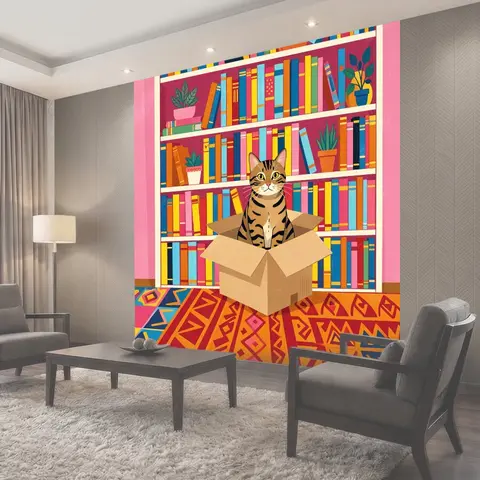 Фотообои Кот в коробке на фоне книг