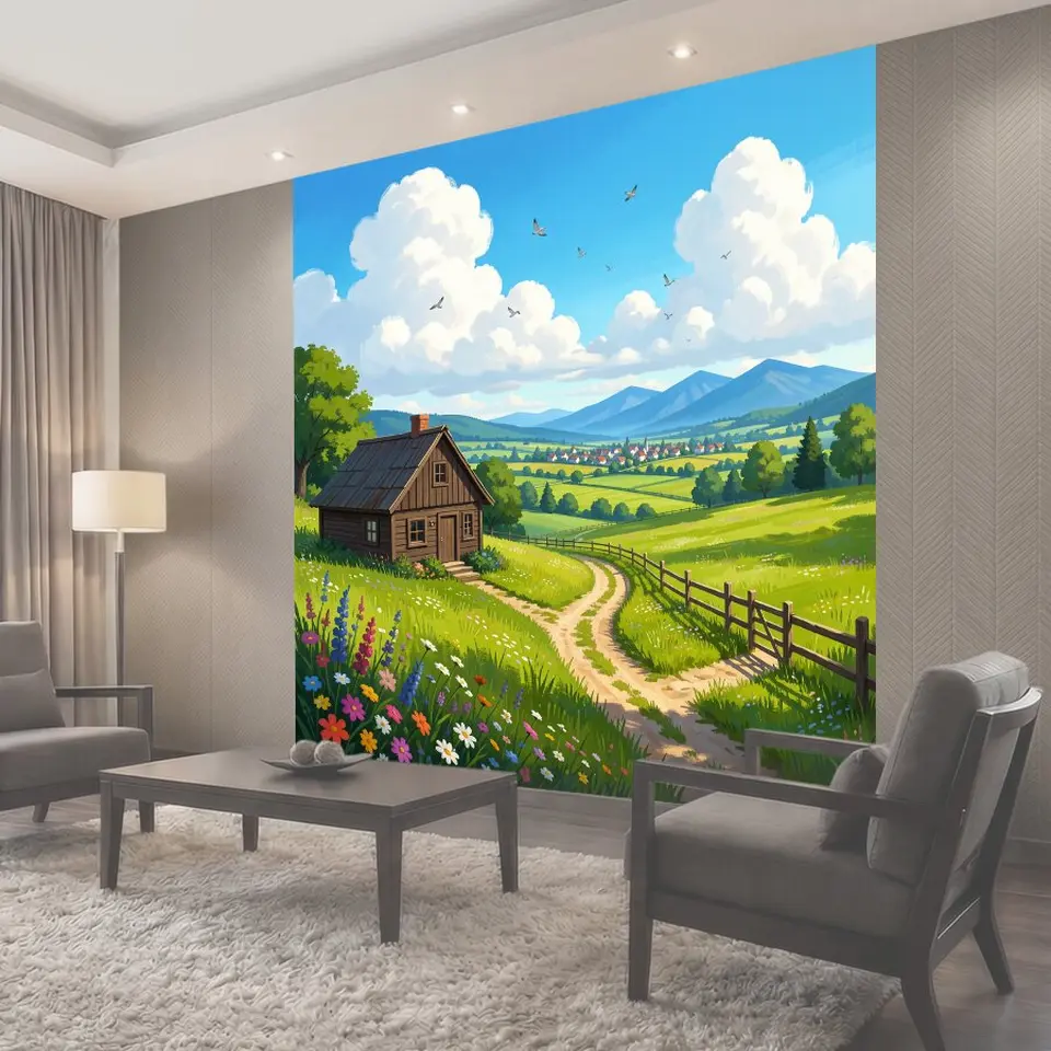 Фотообои Деревенский пейзаж с горами