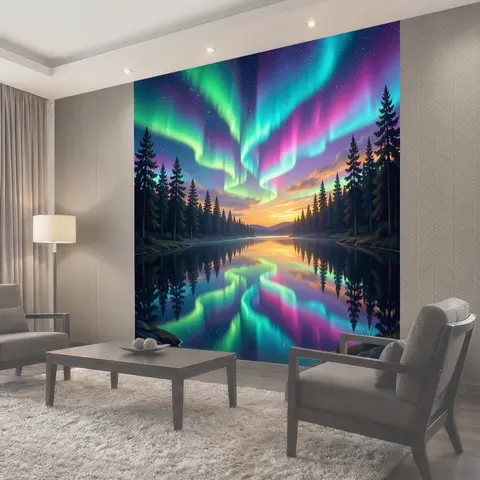 Фотообои Северное сияние над лесным озером