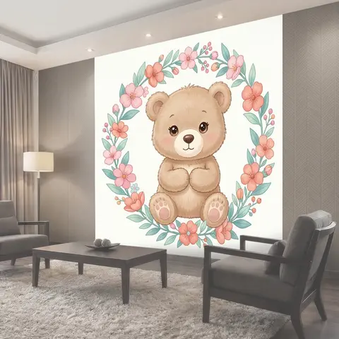Фотообои Милый медвежонок в цветочном венке