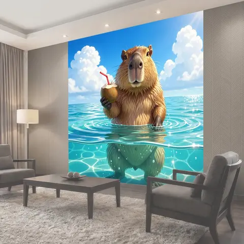 Фотообои Капибара с кокосом в море