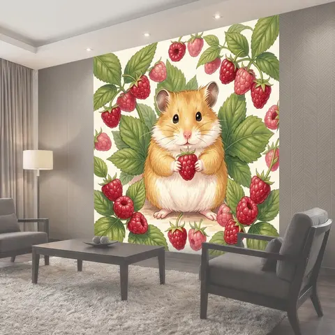 Фотообои Хомяк среди ветвей малины