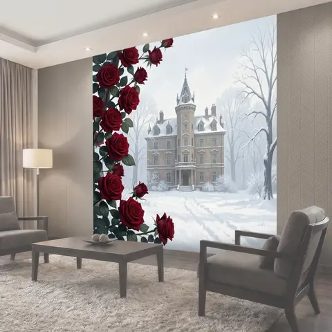 Фотообои Снежная усадьба с алыми цветами