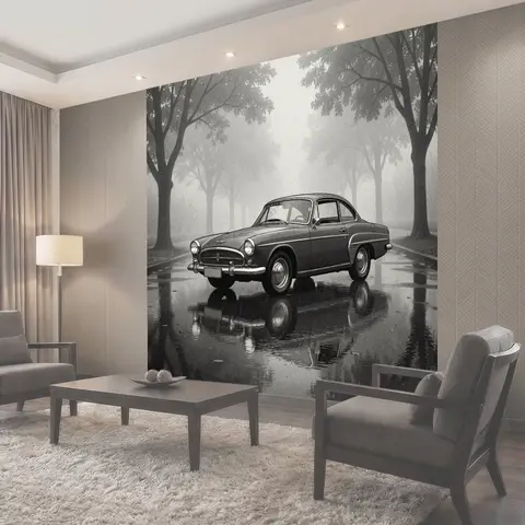 Фотообои Ретро-автомобиль в туманном лесу