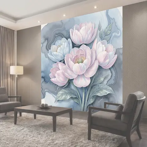 Фотообои Нежные пионы на голубом мраморе