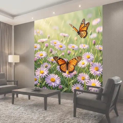 Фотообои Бабочки на лугу с цветами