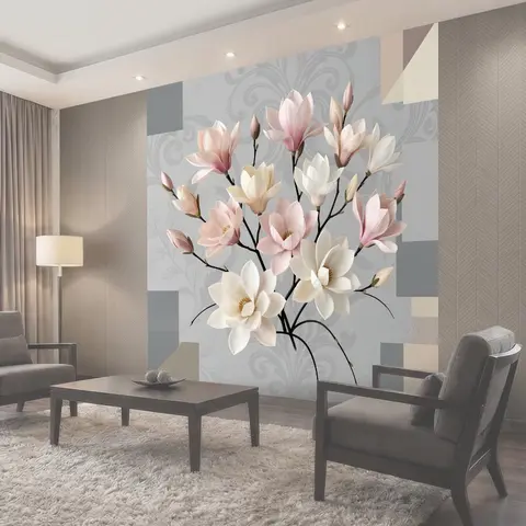 Фотообои Нежные магнолии на сером фоне