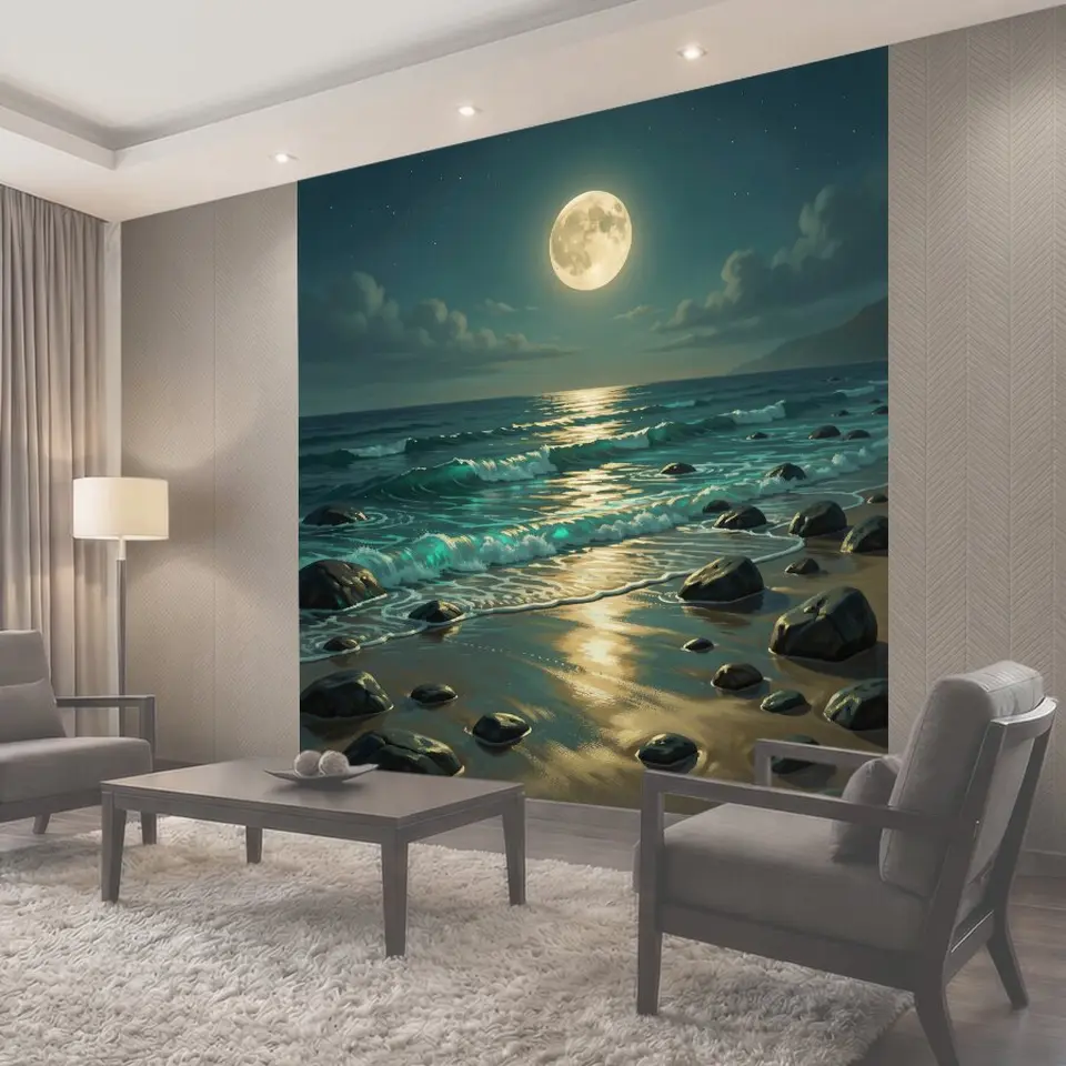 Фотообои Лунная дорожка на морском берегу