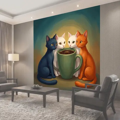 Фотообои Четыре кота с кружкой кофе