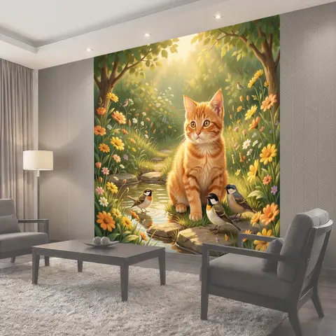 Фотообои Рыжий кот у лесного ручья