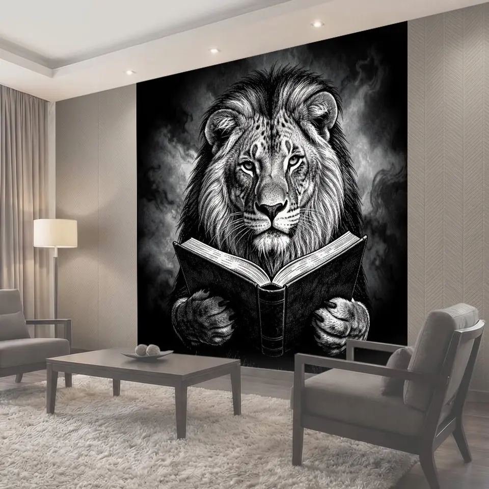 Фотообои Лев читает книгу в тьме