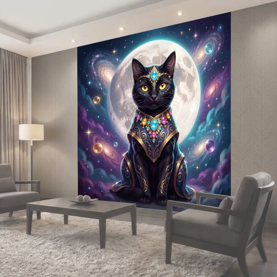 Фотообои Мистический кот с лунным фоном
