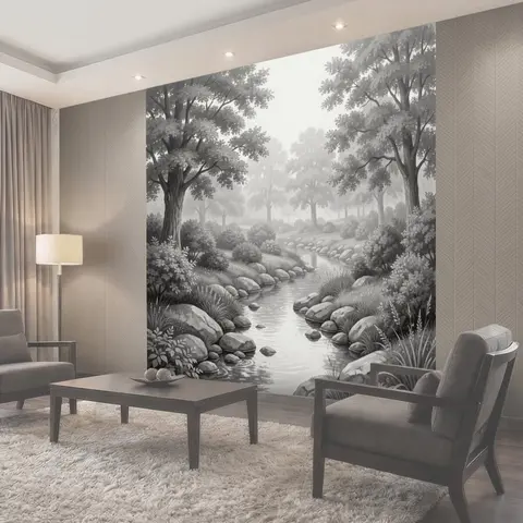 Фотообои Туманный лесной ручей среди деревьев