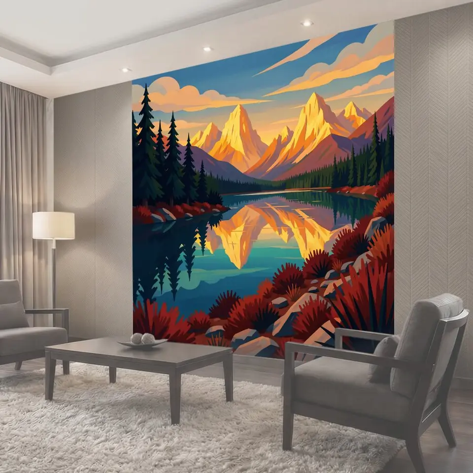 Фотообои Горные пики у зеркального озера