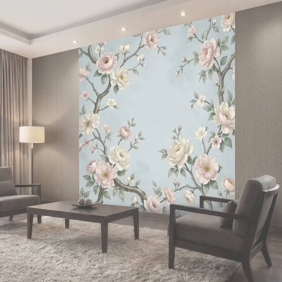 Фотообои Нежные цветущие ветви на голубом фоне