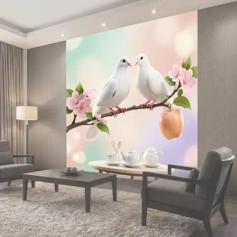 Фотообои Две белые голубки на ветке