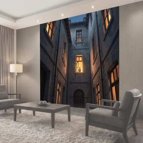 Фотообои Ночной двор с освещёнными окнами