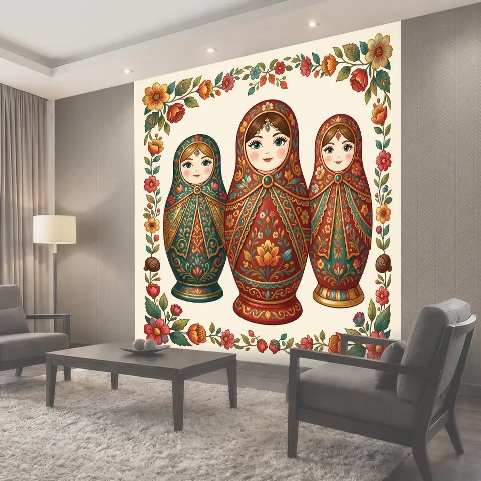 Фотообои Русские матрёшки с цветочным орнаментом