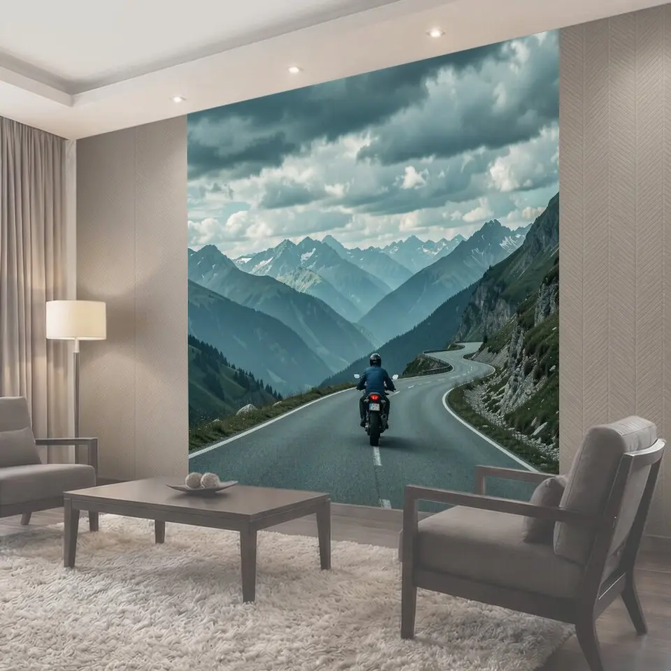 Фотообои Мотоциклист на горном серпантине