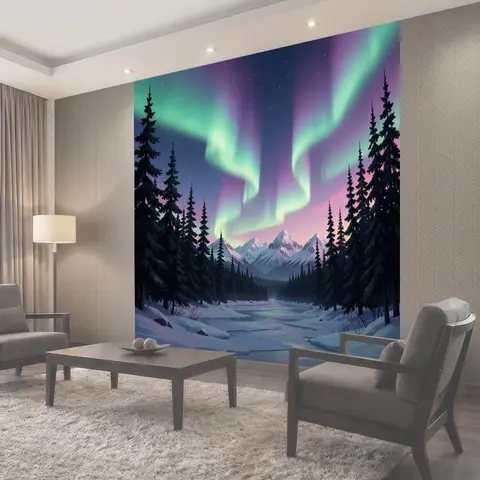 Фотообои Северное сияние над зимними горами