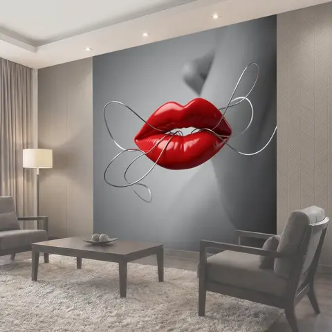 Фотообои Красные губы с металлическими линиями
