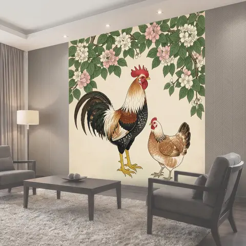 Фотообои Петух и курица под цветами
