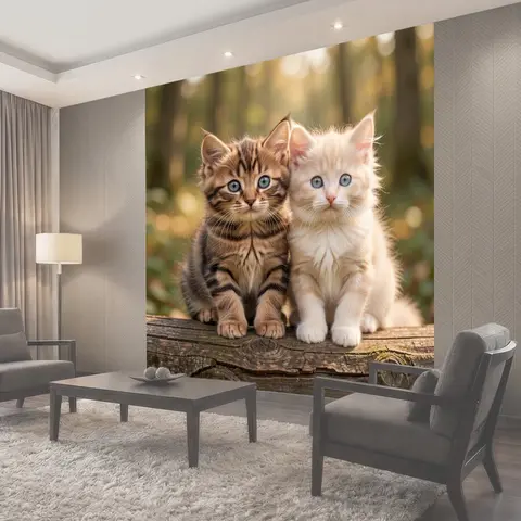 Фотообои Два пушистых котёнка на бревне