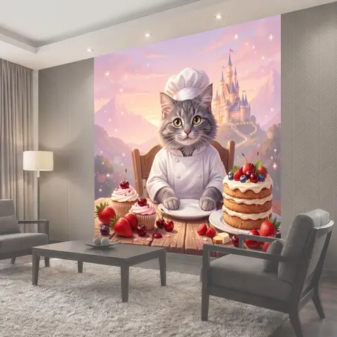 Фотообои Котенок-повар с ягодным тортом