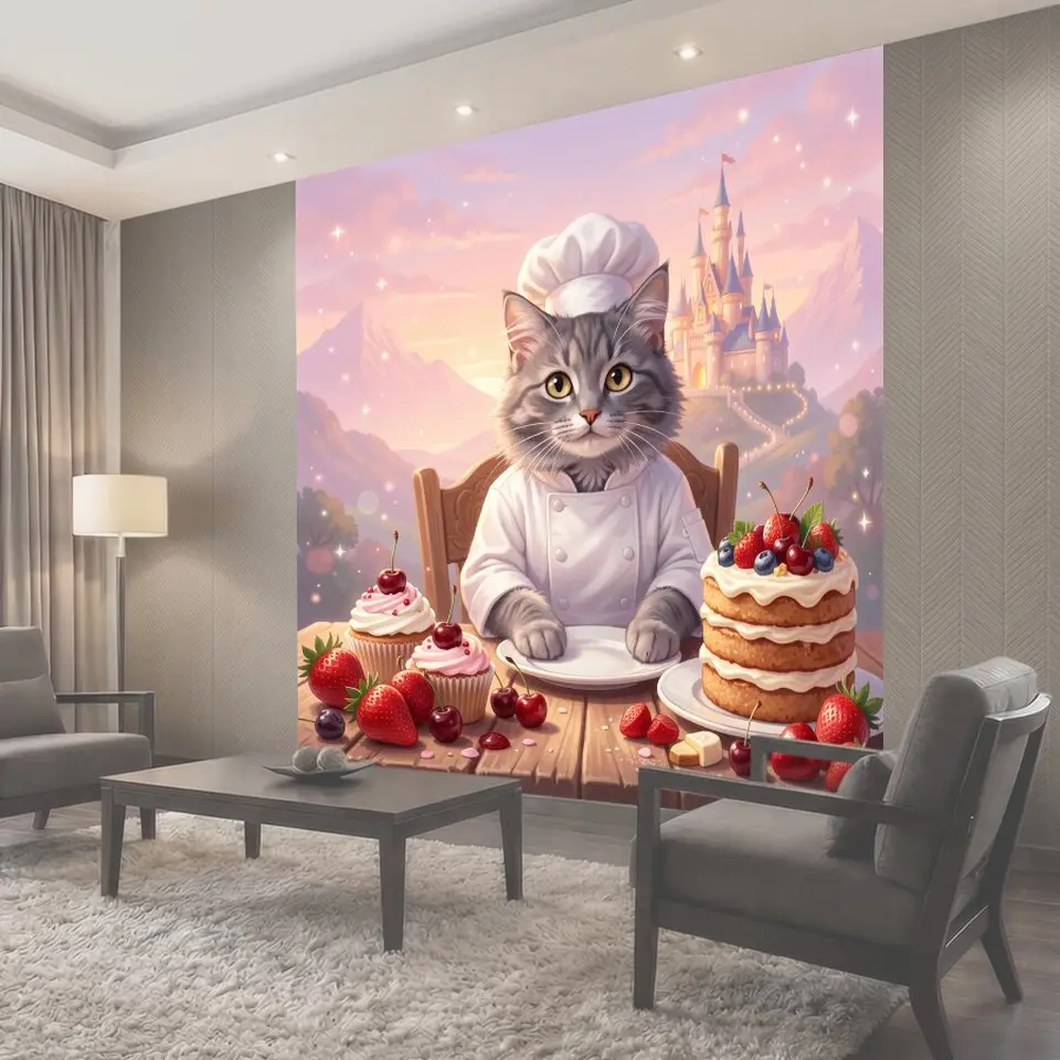 Фотообои Котенок-повар с ягодным тортом