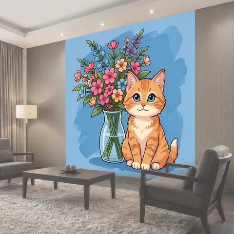 Фотообои Рыжий котенок и букет цветов