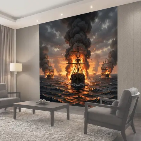 Фотообои Морское сражение горящих парусников