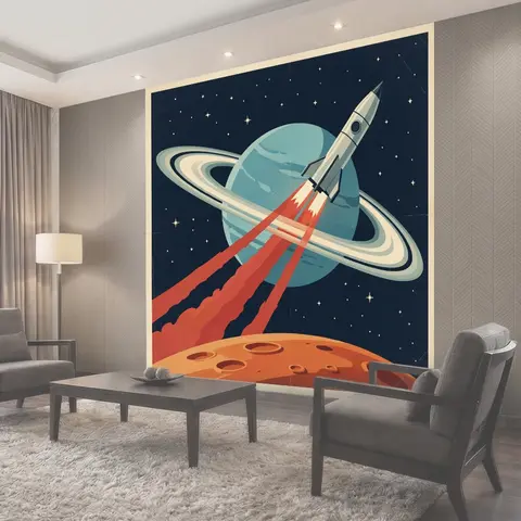 Фотообои Ракета у кольцевой планеты