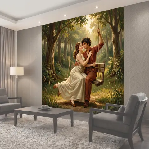 Фотообои Влюбленная пара на качелях в лесу