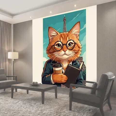 Фотообои Кот-турист с Эйфелевой башней