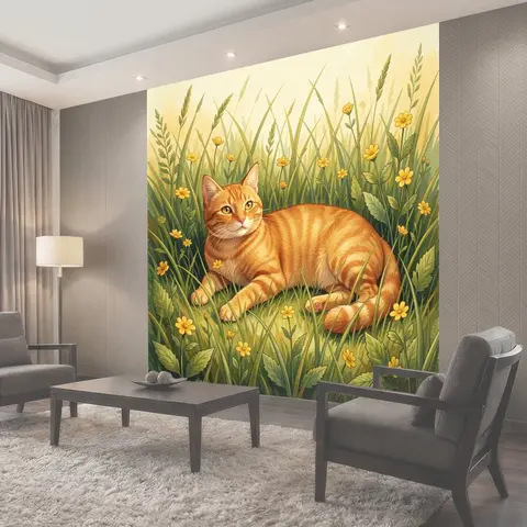 Фотообои Рыжий кот в луговых цветах
