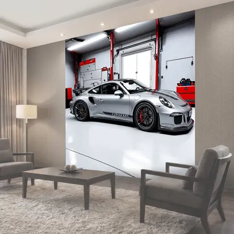 Фотообои Porsche 911 gt3 в автосервисе, окруженный профессиональным оборудованием для тюнинга