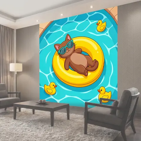 Фотообои Кот на надувном круге в воде