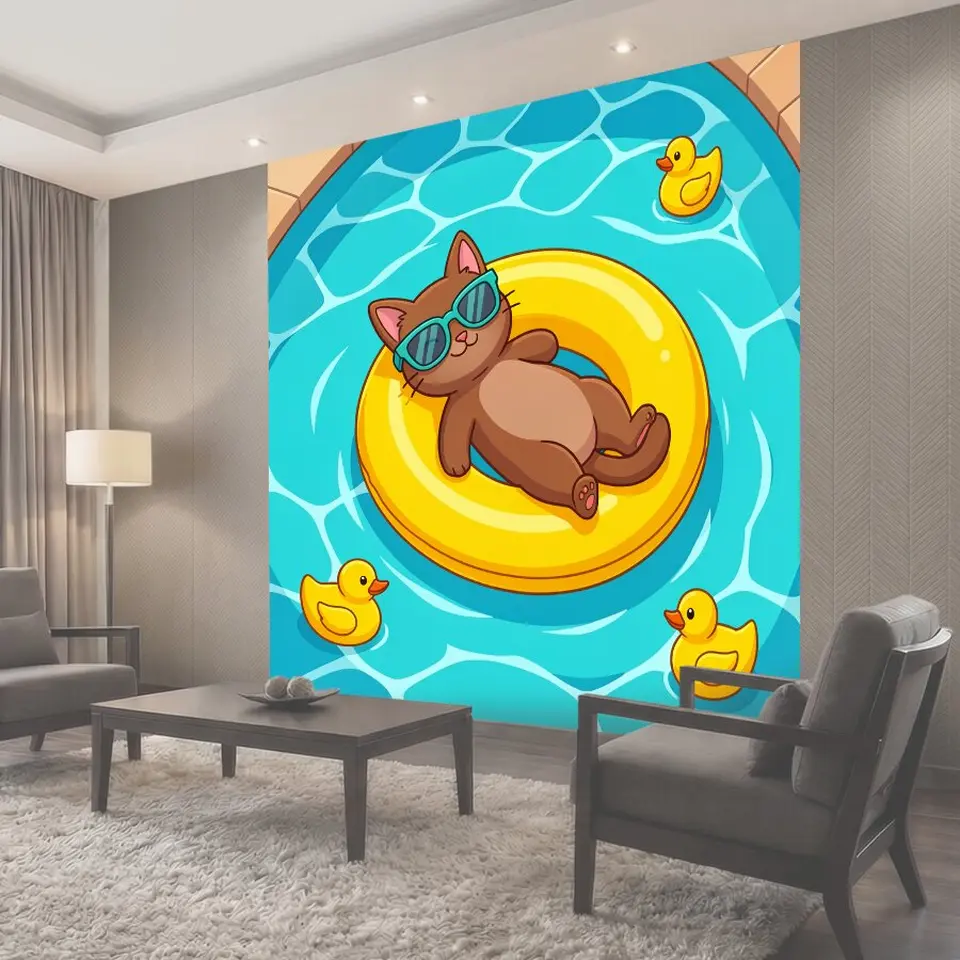 Фотообои Кот на надувном круге в воде