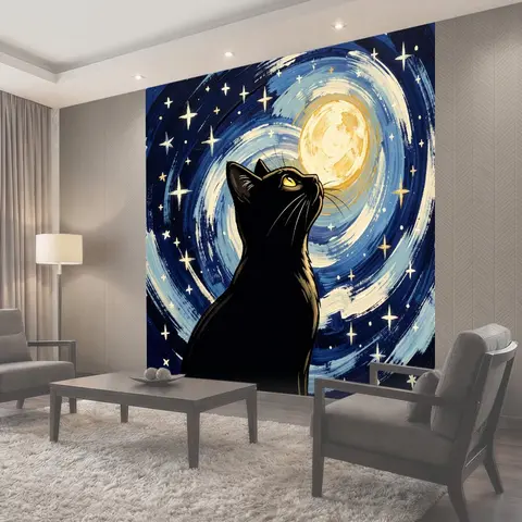 Фотообои Черный кот под звездным небом