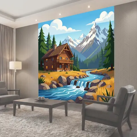 Фотообои Альпийский дом у горной реки
