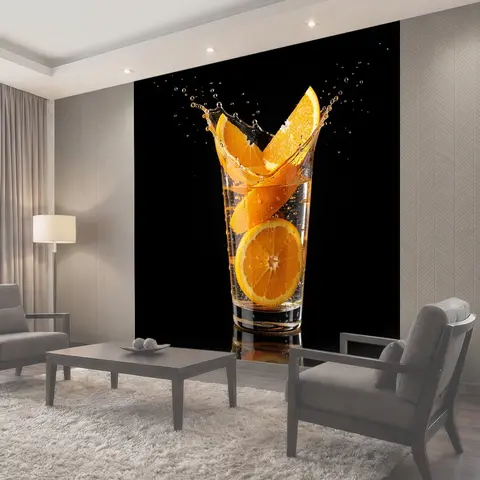 Фотообои Апельсиновый сок в стакане с брызгами