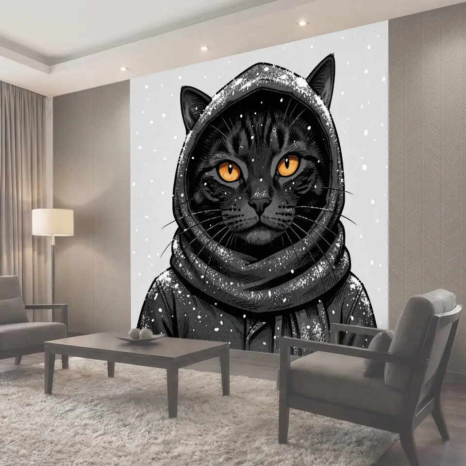 Фотообои Чёрный кот в капюшоне и шарфе