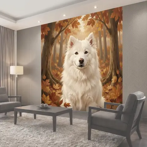 Фотообои Белый волк среди осенних деревьев