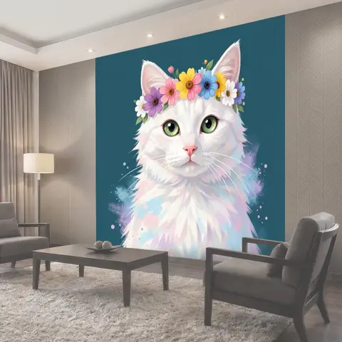 Фотообои Белая кошка с цветочным венком