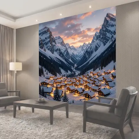 Фотообои Зимняя деревня среди гор