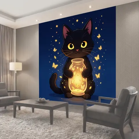 Фотообои Черный кот со светящимся фонарем