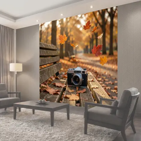 Фотообои Осенняя аллея с ретро фотоаппаратом