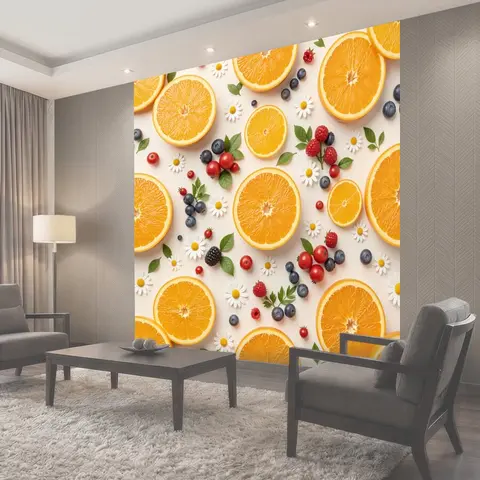 Фотообои Цитрусы и ягоды с ромашками